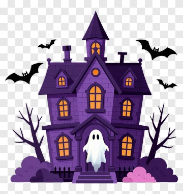 Cartoon Ghost In Front Of A Haunted House PNG