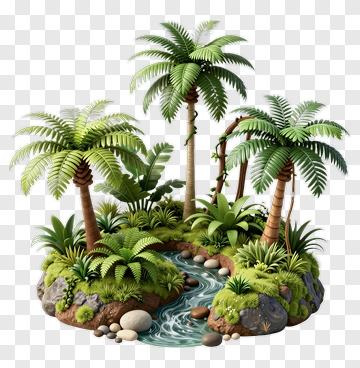 Tropical Jungle Scene With Palm Trees And Stream PNG