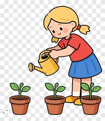 Girl Watering Plants In Flower Pots PNG