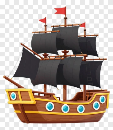 Cartoon Pirate Ship With Black Sails PNG