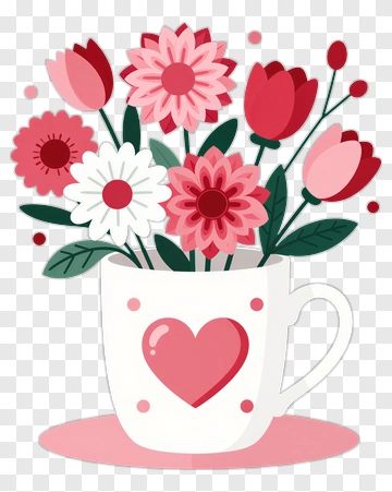 Colorful Flower Bouquet In A Heart Cup PNG