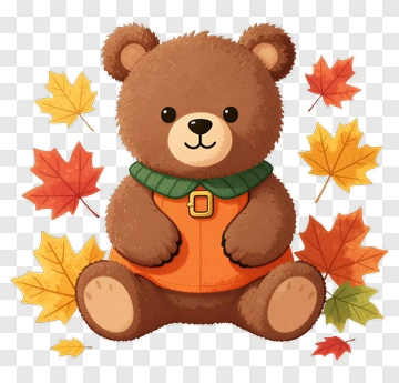 Cartoon Bear Surrounded By Fall Leaves PNG