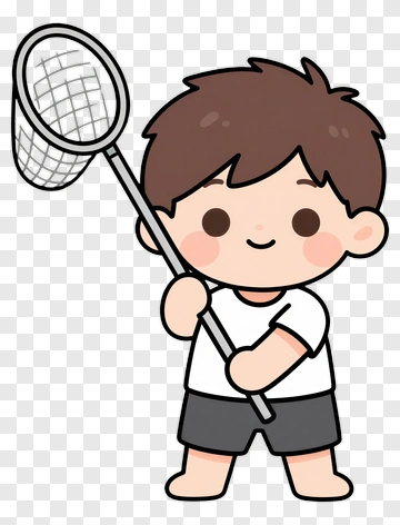 Cartoon Boy Holding A Fishing Net PNG