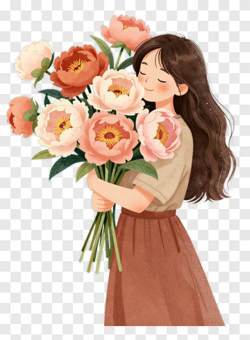 Woman Holding A Bouquet Of Peonies PNG