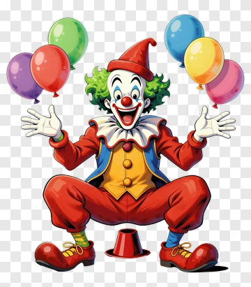 Cartoon Clown Holding Colorful Balloons PNG
