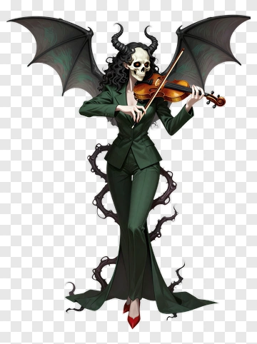 Skeleton Woman Playing Violin With Bat Wings PNG