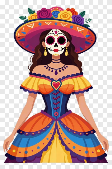 Colorful Sugar Skull Woman In Traditional Dress PNG
