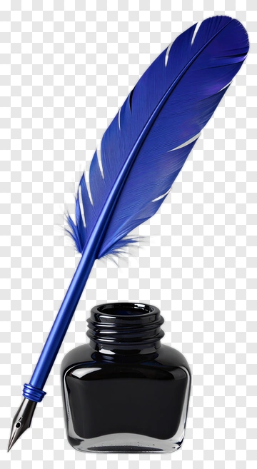 Blue Feather Quill Pen And Ink Bottle PNG
