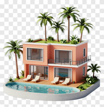 Modern House With Pool And Palm Trees PNG