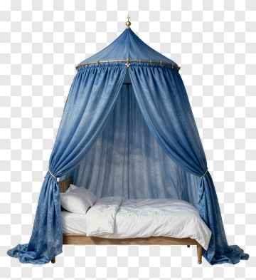Blue Canopy Bed With Draped Curtains PNG