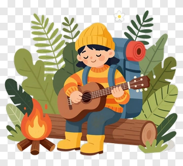 Cartoon Musician Playing Guitar By Campfire PNG