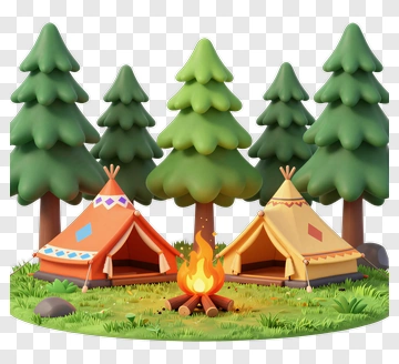 Camping Scene With Tents And Campfire PNG