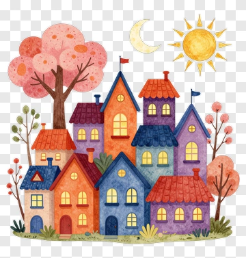 Colorful Cartoon Houses With Trees And Sun PNG