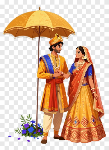 Traditional Indian Couple Under A Decorative Umbrella PNG
