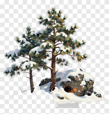 Snowy Pine Trees Beside A Rocky Outcrop PNG