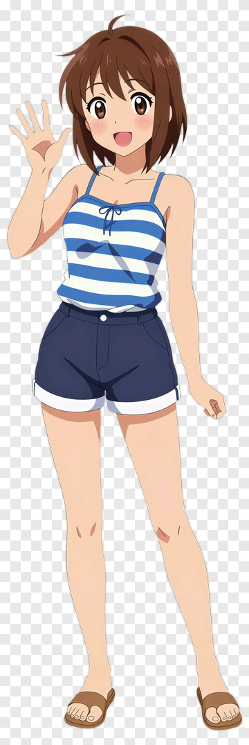 Anime Girl Waving In Casual Summer Outfit PNG