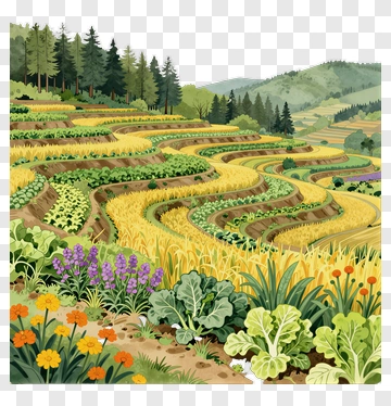 Colorful Agricultural Landscape With Crops And Flowers PNG