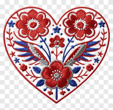 Embroidered Heart With Flowers And Leaves PNG