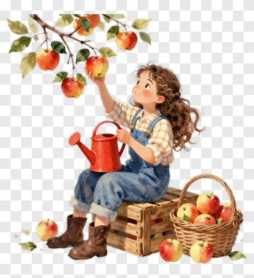 Girl Picking Apples In A Garden PNG