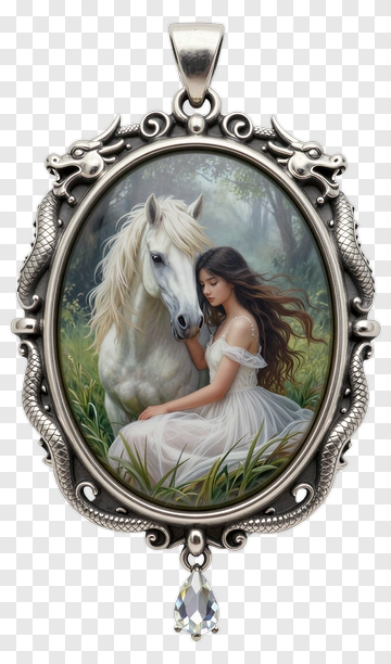 Girl With White Horse In Ornate Frame PNG