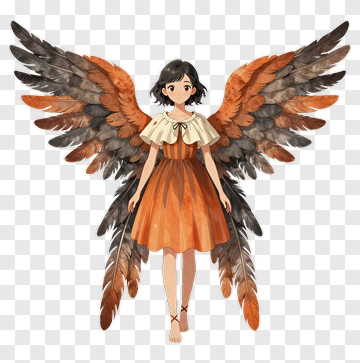 Girl With Orange Feather Wings PNG