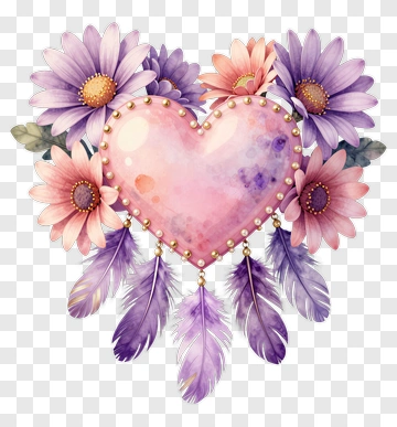 Watercolor Heart With Flowers And Feathers PNG