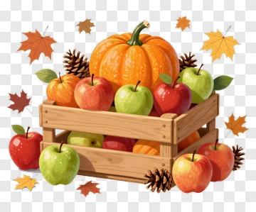 Pumpkin And Apples In A Wooden Crate PNG