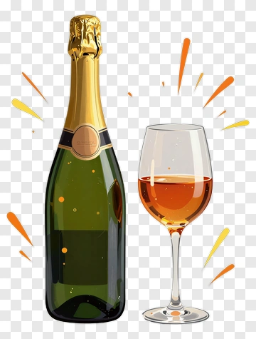 Champagne Bottle And Glass With Bubbles PNG