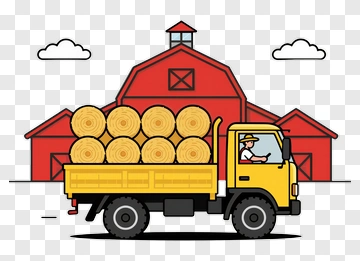 Farmer Driving A Yellow Truck Loaded With Hay Bales PNG