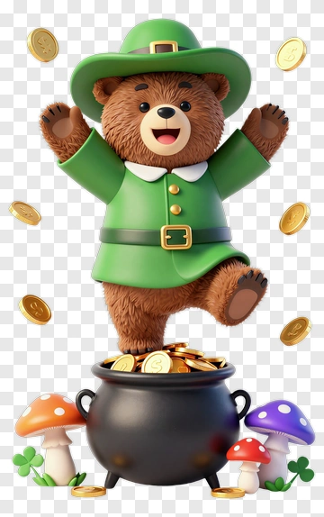 Cartoon Bear With A Pot Of Gold And Mushrooms PNG