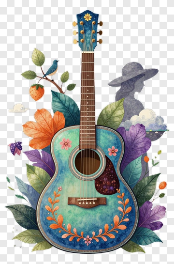 Colorful Acoustic Guitar With Floral Elements PNG