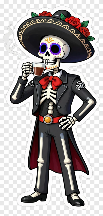 Cartoon Skeleton Holding A Coffee Cup PNG