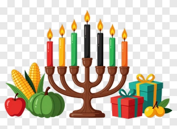 Colorful Menorah With Gifts And Fruits PNG