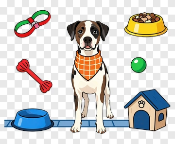 Cartoon Dog Surrounded By Toys And Food Bowl PNG