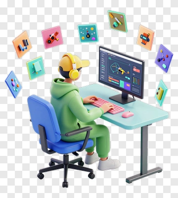 3D Designer Working At A Computer Desk PNG