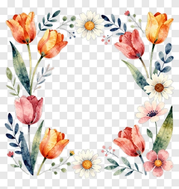 Colorful Floral Frame With Tulips And Daisies PNG