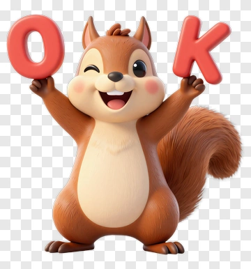 3D Cartoon Squirrel Holding Ok Letters PNG