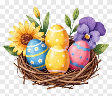 Colorful Easter Eggs In A Nest With Flowers PNG