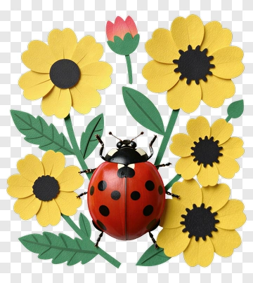 Colorful Ladybug Among Yellow Flowers PNG