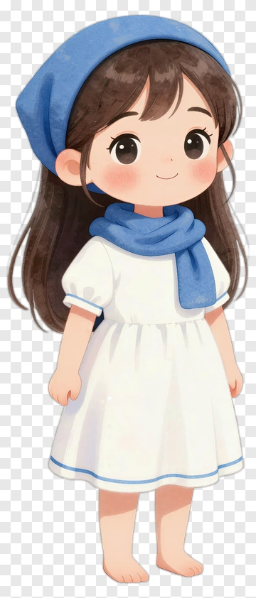 Cartoon Girl In White Dress With Blue Accessories PNG