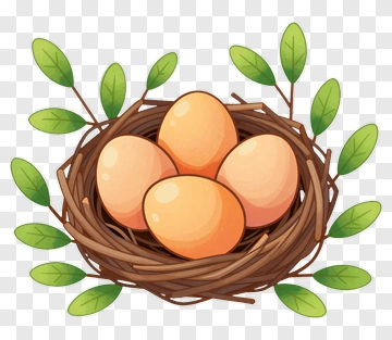Nest With Four Eggs And Green Leaves PNG