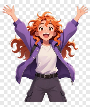 Happy Girl With Orange Hair Raising Arms PNG