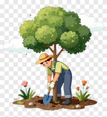 Gardener Digging Soil Under A Tree PNG