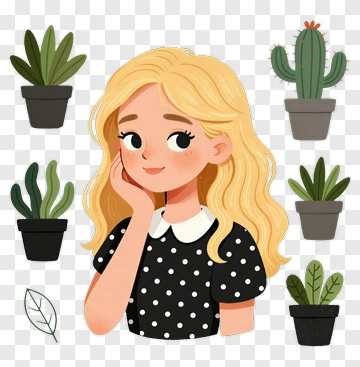 Girl With Plants In A Black Polka Dot Dress PNG