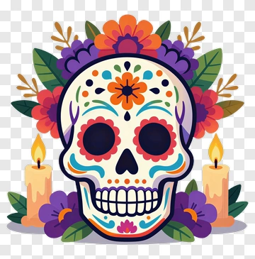 Colorful Sugar Skull With Flowers And Candles PNG