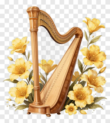 Wooden Harp Surrounded By Yellow Flowers PNG