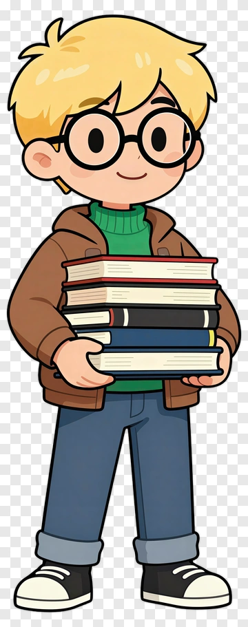 Cartoon Boy Holding A Stack Of Books PNG