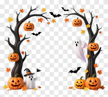 Halloween Ghosts And Pumpkins Framed By Trees PNG
