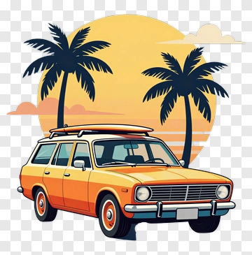 Vintage Surf Car With Palm Trees At Sunset PNG