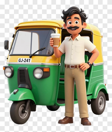 3D Auto Rickshaw Driver Holding A Cup PNG
